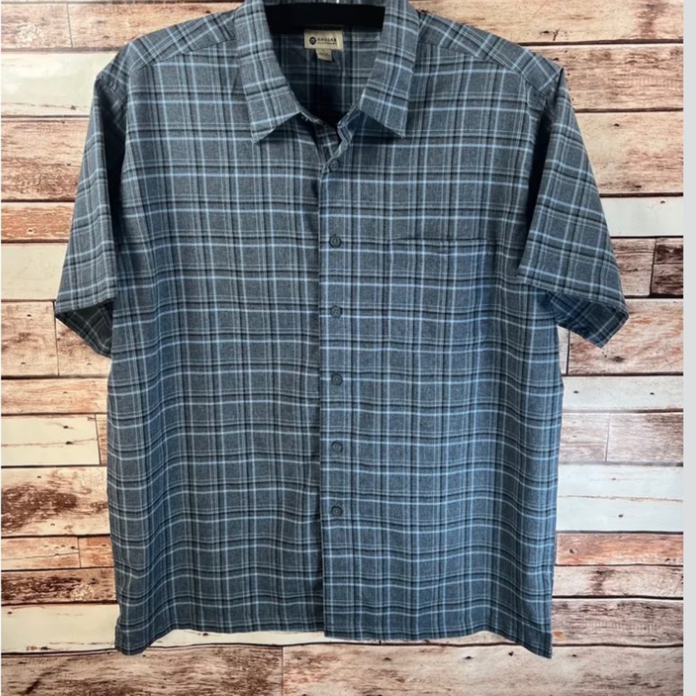 Haggar Clothing Shirt Mens Sz 3X Gray Black Plaid Short Sleeve Button Up Shirt
